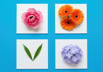 Four square grid featuring vibrant flowers and green leaves on white panels