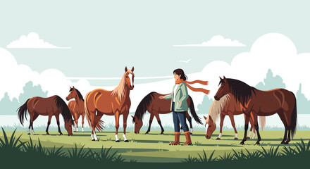 Woman With Horses Grazing On The Field Under Cloudy Sky Landscape