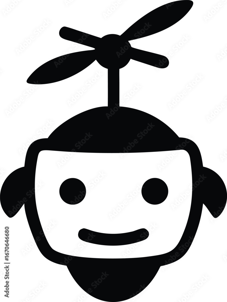 Poster black silhouette of a friendly robot head with a propeller on top and a smiling face on a white back