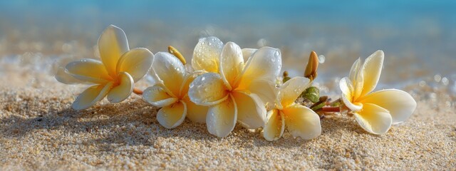 Plumeria flowers on the beach on the sand. selective focus. Generative AI,