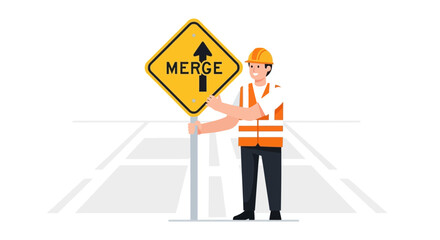 Worker Holding Merge Sign For Traffic Control At Construction Site