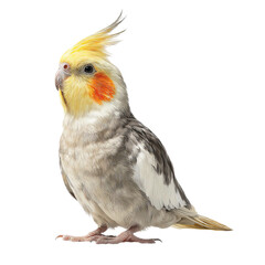 Obraz premium Png of adorable cockatiel with yellow crest and orange cheek isolated on transparent background, a charming pet bird with grey feathers and a sweet expression