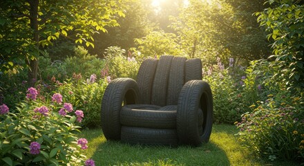 A cozy chair built from recycled tires offers sustainable outdoor relaxation, bathed in the warm sunlight of a lush, vibrant garden, showcasing eco-friendly design