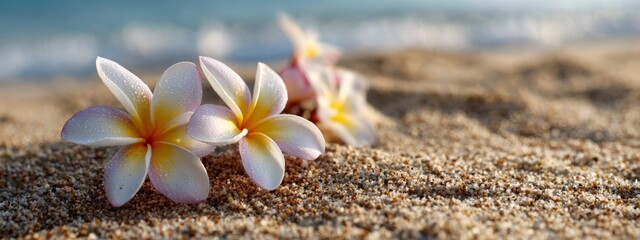 Plumeria flowers on the beach on the sand. selective focus. Generative AI,