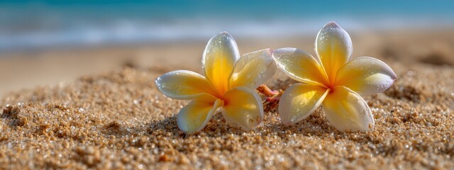 Plumeria flowers on the beach on the sand. selective focus. Generative AI,