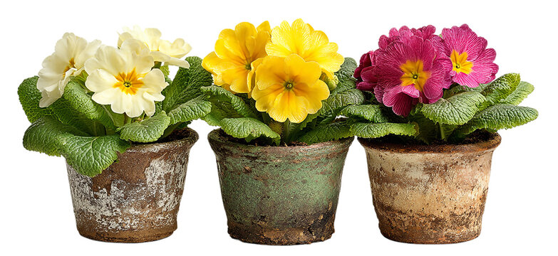 Colorful primrose flowers in pots isolated on transparent background in spring