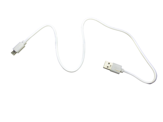  isolated image of a long, winding white USB cable, featuring a micro-USB connector on one end and a standard USB-A on the other.