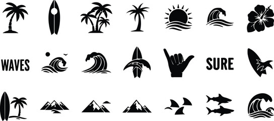 Naklejka premium Collection of black and white surf and beach themed icons and symbols