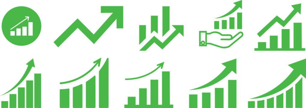 Growth icon set. Containing performance, gain, improvement, grow, chart, increase, evolution and development icons. Solid icon collection. Vector illustration.