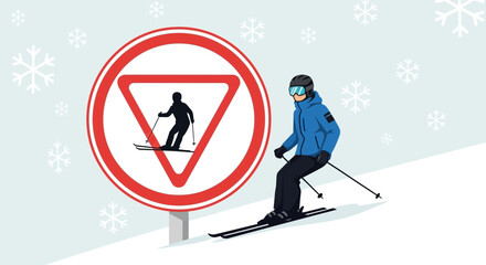 Yield To Downhill Skier Symbol And Skier On The Snowy Slope Illustration