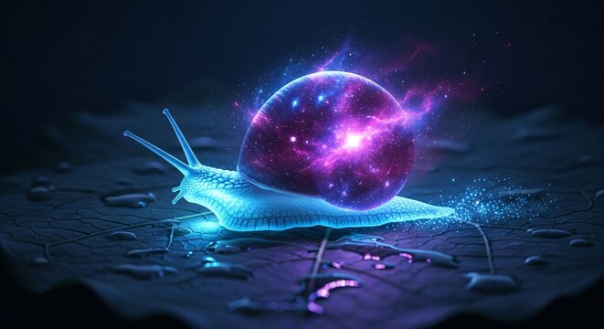 A magical, bioluminescent snail with a cosmic nebula for a shell, glowing with vibrant purple and blue light. Surreal fantasy creature leaving a trail of stardust. Futuristic AI generated illustration - Powered by Adobe