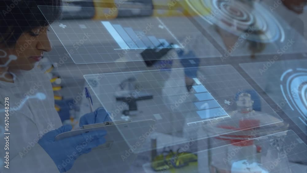 Poster woman scientist entering lab, activating data charts, recording data while colleague adding reagent