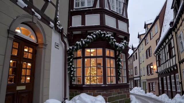 Snowy old town alley lined with half‑timbered houses, glowing bay window displaying a lit Christmas tree, evergreen garland on the facade and fresh snowbanks along a cobblestone lane, cozy winter