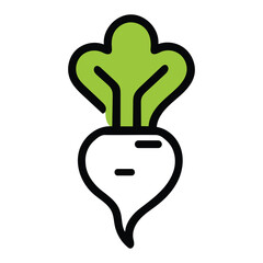 Illustration of a white turnip with green leaves and black outlines on a white background image