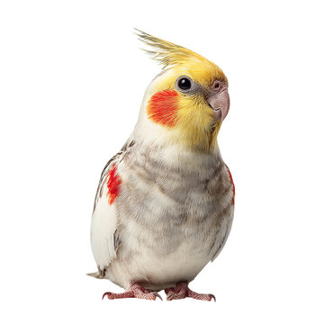 Png of cute cockatiel isolated on transparent background, a beautiful parrot with yellow and grey feathers, standing and looking at the camera in studio shot