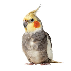 Png of adorable cockatiel isolated on transparent background, a small and cute parrot with yellow crest and orange cheeks, standing in a studio shot