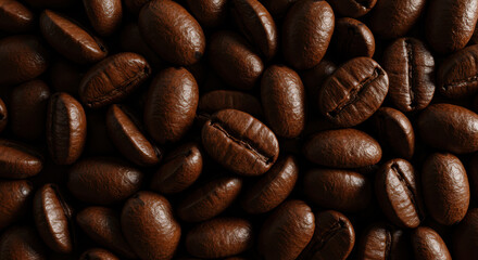 Naklejka premium Rich aromatic roasted coffee beans close-up macro view of dark brown coffee seeds texture