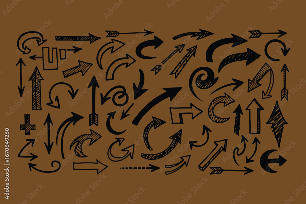 Poster collection of hand drawn arrows in various styles and directions on a textured brown background perf