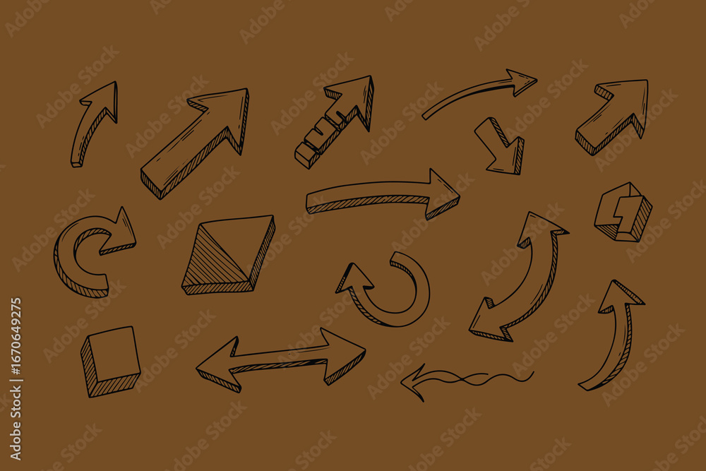 Poster collection of hand drawn arrows in various styles and directions on a textured brown background perf