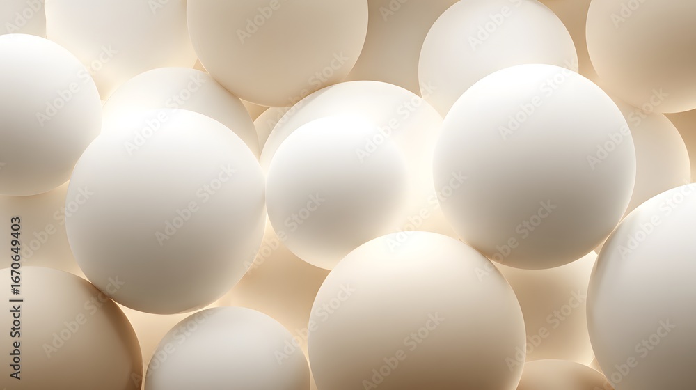 Poster a close-up view of a multitude of overlapping, smooth spheres in soft, creamy ivory and beige tones,