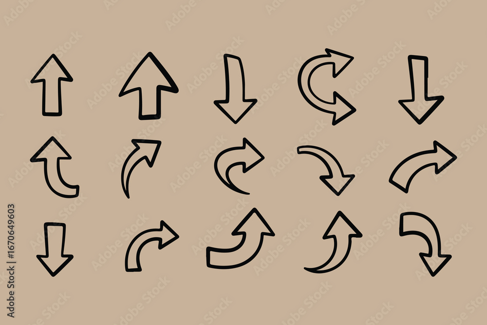 Poster a collection of hand drawn arrows in various directions and styles on a textured brown background il