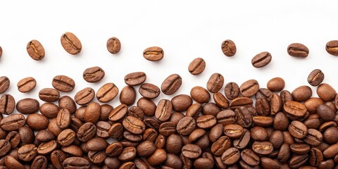 Obraz premium Roasted Coffee Beans Top View, Scattered and Piled Composition, White Background, Coffee Texture Coffee beans, coffee texture, product photography