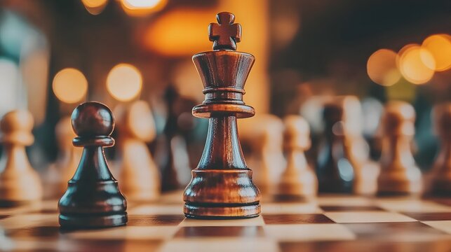 Closeup Chess King and Pawn on Board Game Strategy - Powered by Adobe