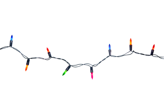 String of Christmas lights isolated on transparent background.