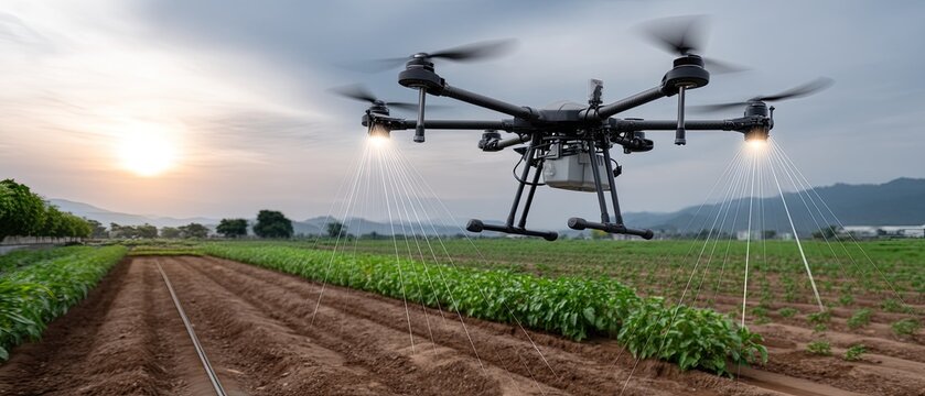 A drone hovers above a lush vegetable field, collecting data as the sun sets, enhancing modern agricultural practices and efficiency