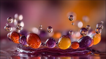 A vibrant splash of water, showcasing a ring of colorful, translucent orbs reflecting light, set against a soft backdrop of muted purples and oranges.