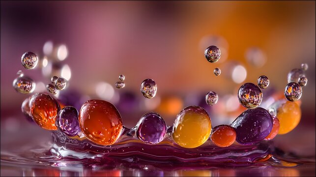 A vibrant splash of water, showcasing a ring of colorful, translucent orbs reflecting light, set against a soft backdrop of muted purples and oranges.