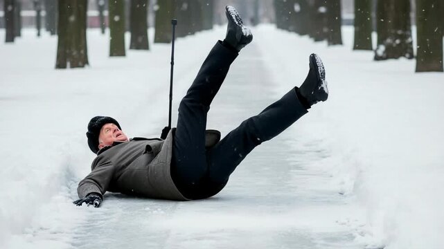 Elderly man loses balance while walking in the snow and falls near a tree-lined path in winter