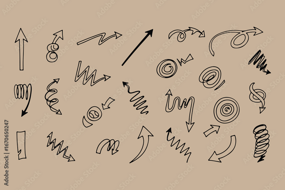 Poster collection of hand drawn arrows and symbols in various styles and directions sketched on a textured 