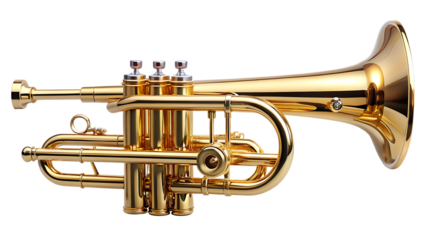 Golden cornet musical instrument on isolated on a transparent background trumpet