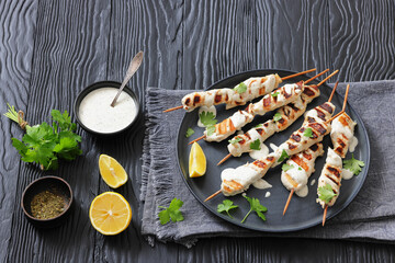Greek style grilled chicken souvlaki on a plate