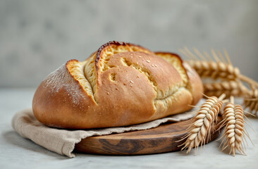 Freshly baked artisan bread with golden crust and wheat ears on wooden board