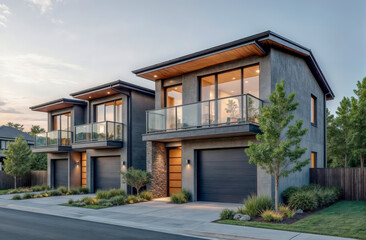 Modern duplex homes featuring glass balconies and contemporary design in a suburban neighborhood at dusk