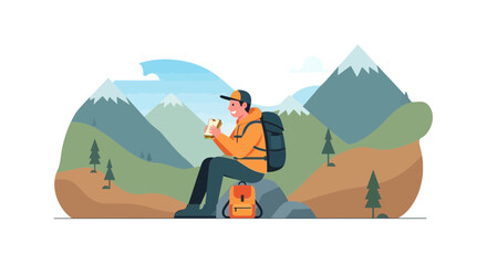 Fototapeta premium Young Hiker Enjoying Meal Against Scenic Mountain Backdrop During Hike