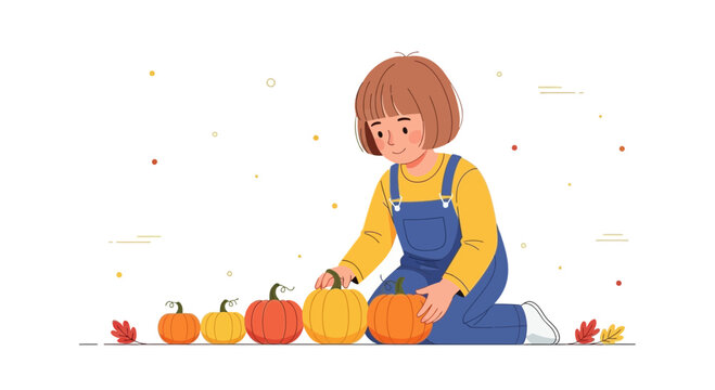 Young Girl Arranging Pumpkins in a Row Preparing for Fall Season and Harvest