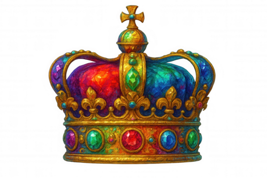 Royal golden crown sparkling with colorful gemstones, symbolizing regal power and nobility against transparent backdrop - Powered by Adobe
