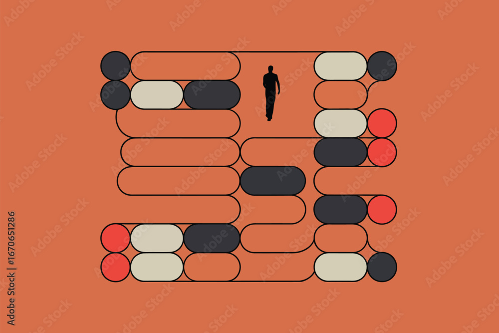 Aufkleber a silhouette of a person walking on a path made of rounded shapes and circles on an orange backgroun