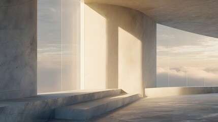 Obraz premium A modern, minimalist concrete interior, bathed in warm sunlight, showcasing expansive views of a hazy sky.