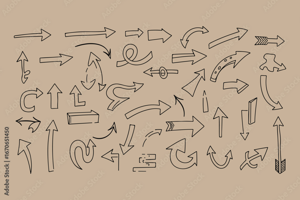 Poster a diverse collection of hand drawn arrows in various styles and directions sketched on a textured br