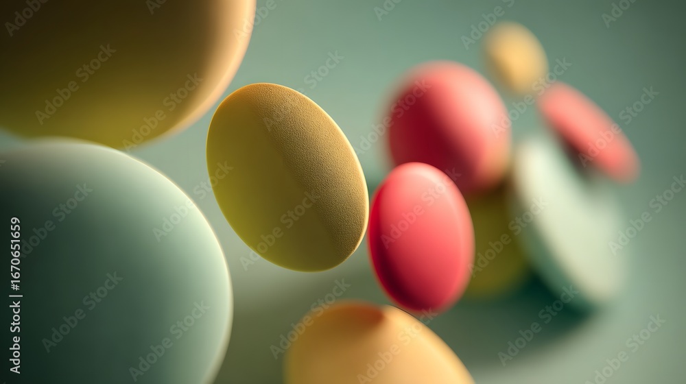 Poster a vibrant display of various rounded shapes in soft pastel hues, creating a dynamic and abstract com