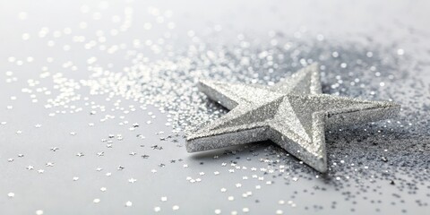 Silver Glitter Star Festive Composition, Close-up Photography, Sparkling Holiday Concept, Christmas, New Year Christmas, Decoration