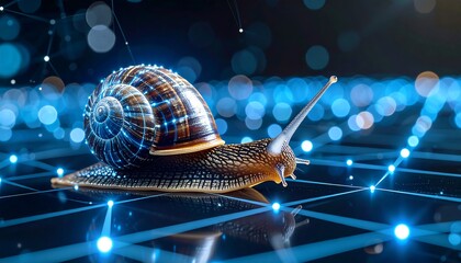 A digital snail moves across a network of glowing, interconnected lines, highlighting the concept of slow progress in a technological landscape.