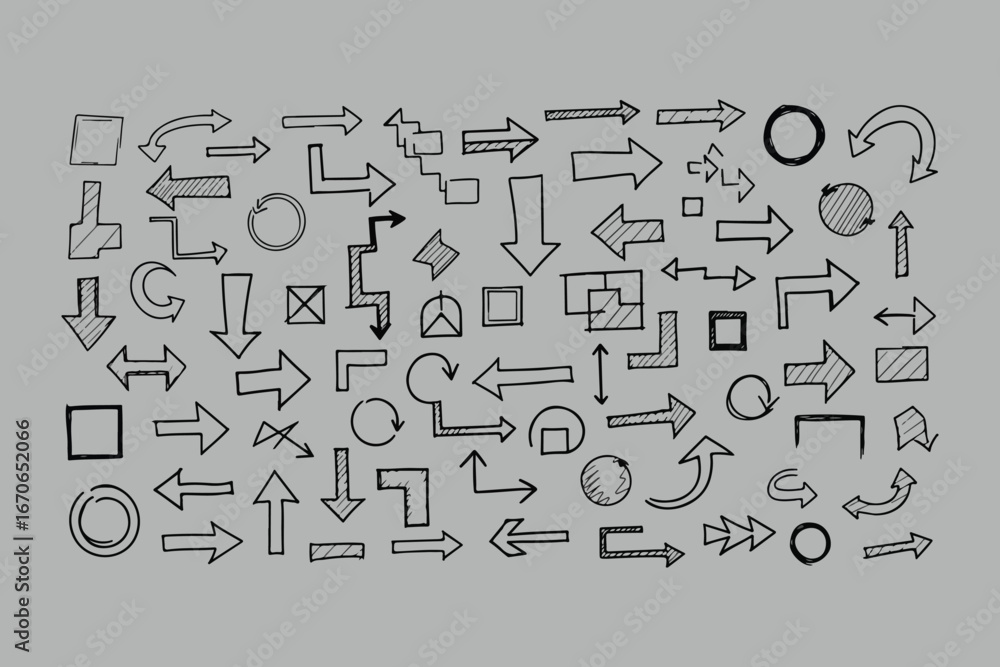 Poster a diverse collection of hand drawn arrows and shapes in black ink on a neutral gray background offer