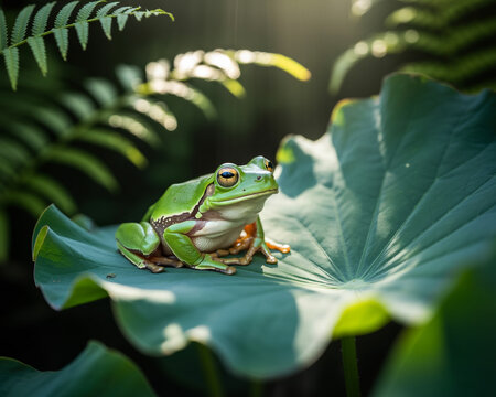 Green tree frog resting on a large green leaf green frog