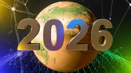 2026: Futuristic Globe with Dynamic Numerical Animation and Global Connectivity - Powered by Adobe