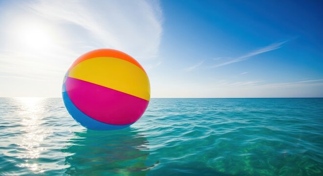 Colorful beach ball floating in turquoise water against a blue sky